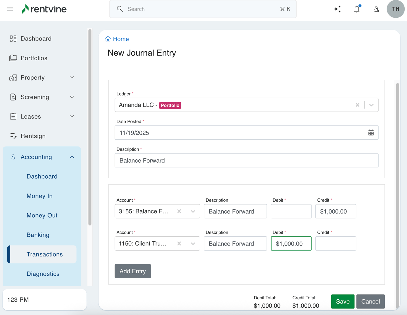 How to Record a Balance Forward for a Portfolio
